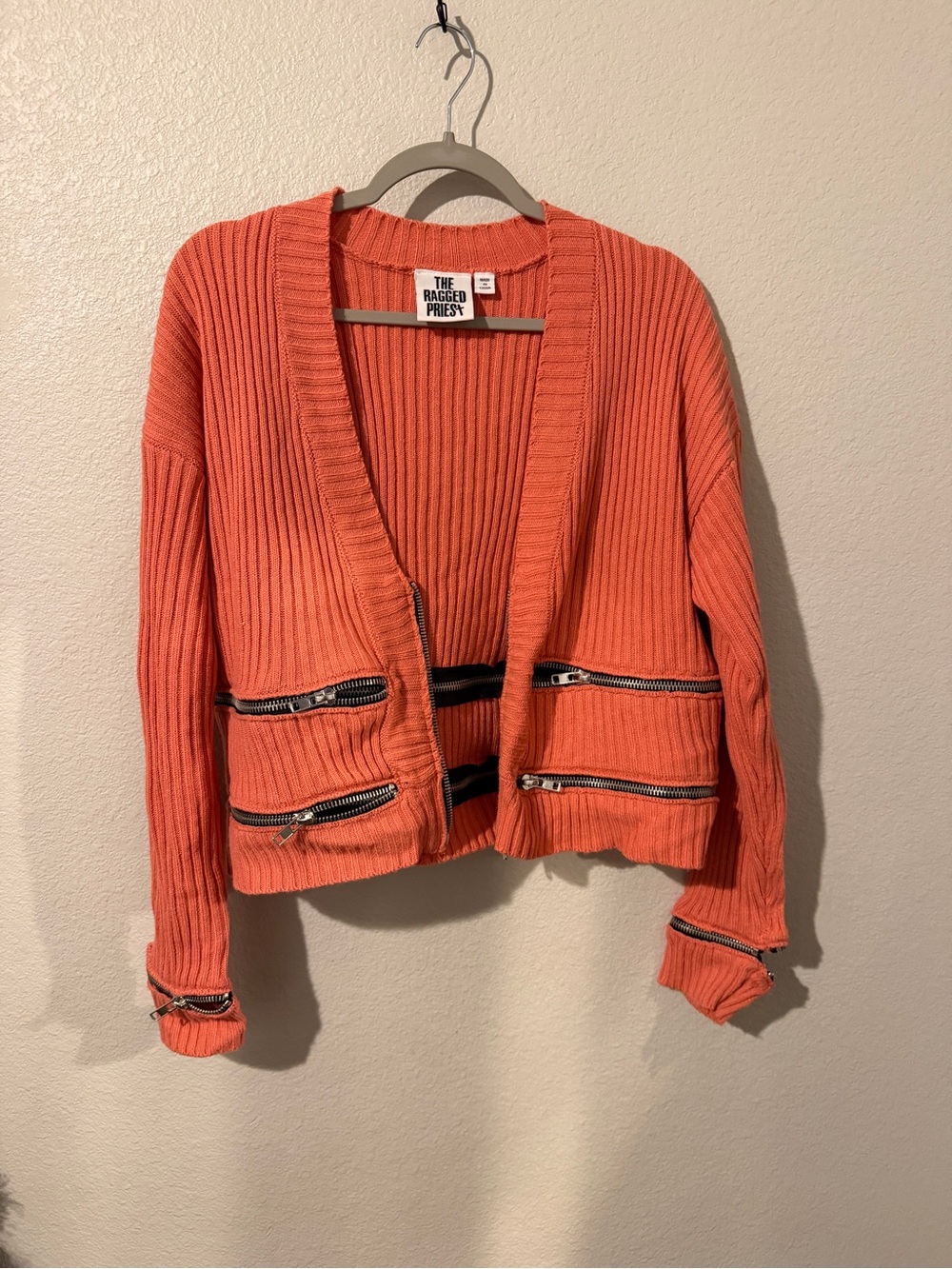 The Ragged Priest Coral Orange Zip-Pocket Ribbed Cardigan